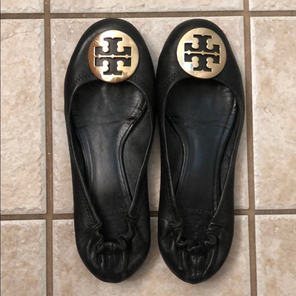 Tory Burch Black Reva Flats gold logo